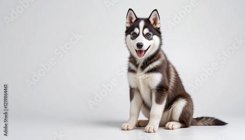 A highly detailed and realistic full-body image of a husky puppy sitting down with its fluffy fur, vibrant blue eyes, and expressive face,  isolated, friendly, joyful, cute, detailed, lifelike, pet