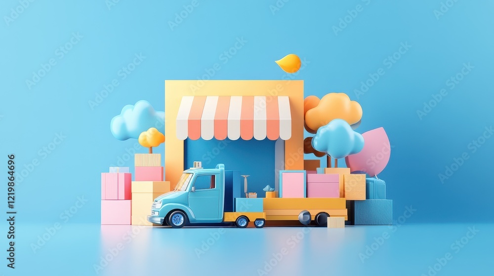 E-commerce logistics optimization flat design front view tech innovation 3D render complementary color scheme. E-commerce logistics optimization flat design front view tech innovation 3D render complementary color scheme.
