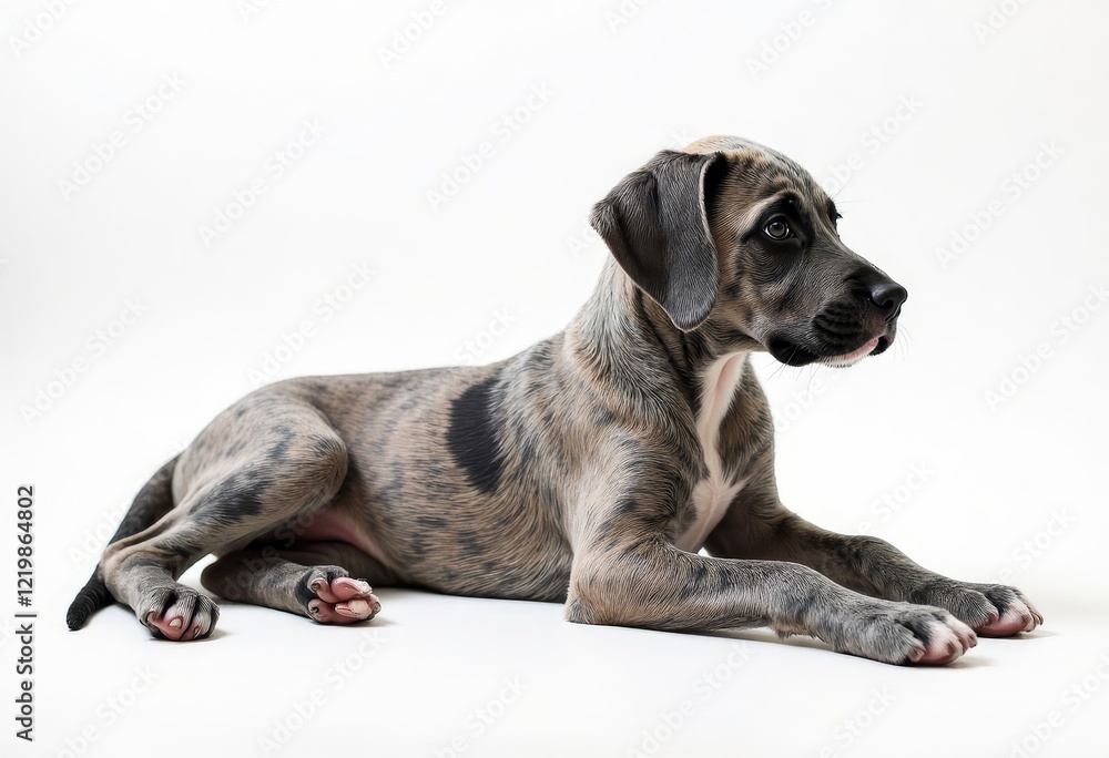 Grey brindle dog lying down on white background Grey brindle dog lying down on white background