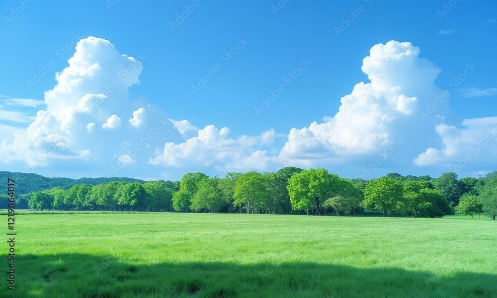 Naklejka premium Green field with trees and large white clouds in blue sky