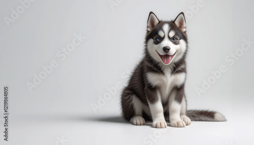 A highly detailed and realistic full-body image of a husky puppy sitting down with its fluffy fur, vibrant blue eyes, and expressive face,  isolated, friendly, joyful, cute, detailed, lifelike, pet