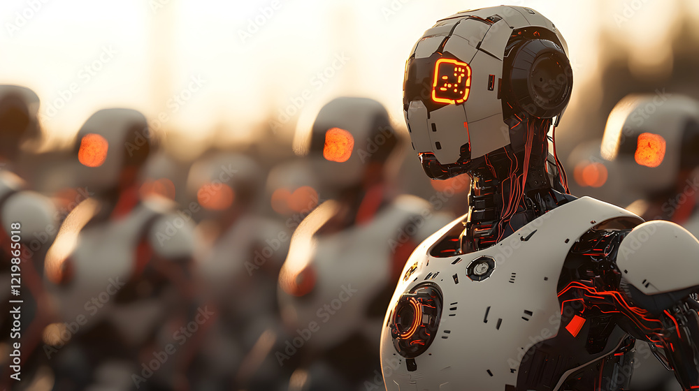 Fototapeta premium Futuristic Robots with Glowing Features in a Dystopian Setting
