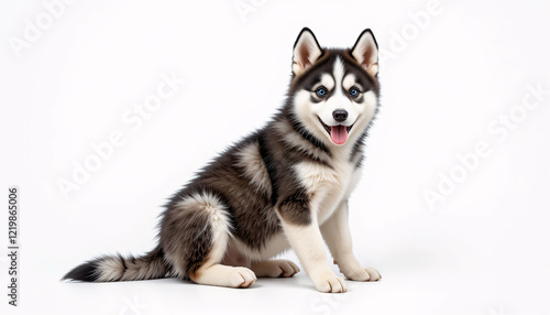 A highly detailed and realistic full-body image of a husky puppy sitting down with its fluffy fur, vibrant blue eyes, and expressive face,  isolated, friendly, joyful, cute, detailed, lifelike, pet