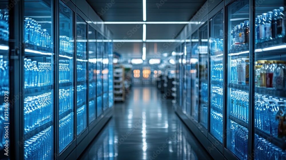 Fototapeta premium Refrigerated aisle in a supermarket with bottled water.