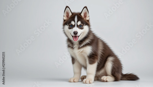 A highly detailed and realistic full-body image of a husky puppy sitting down with its fluffy fur, vibrant blue eyes, and expressive face,  isolated, friendly, joyful, cute, detailed, lifelike, pet