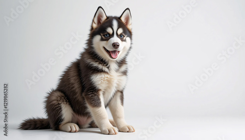 A highly detailed and realistic full-body image of a husky puppy sitting down with its fluffy fur, vibrant blue eyes, and expressive face,  isolated, friendly, joyful, cute, detailed, lifelike, pet