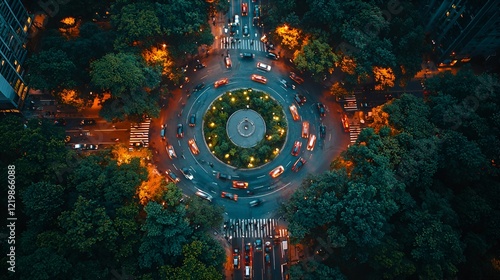 Night aerial view of city roundabout, traffic flowing, lush green trees, urban landscape