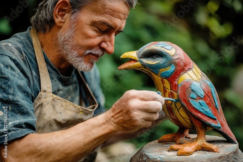 A skilled artisan meticulously paints a vibrant, handcrafted wooden bird sculpture, showcasing intricate details and a colorful design. photo