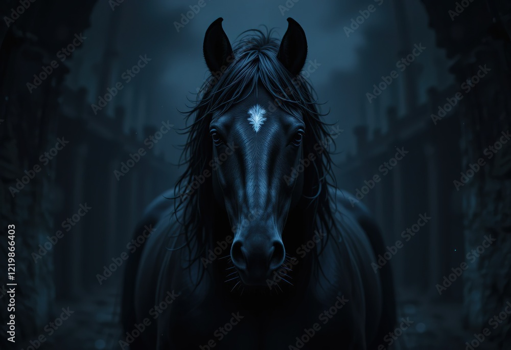 A powerful black horse with a white marking stands majestically before the backdrop of ancient ruins shrouded in shadow and mystery. A powerful black horse with a white marking stands majestically before the backdrop of ancient ruins shrouded in shadow and mystery.