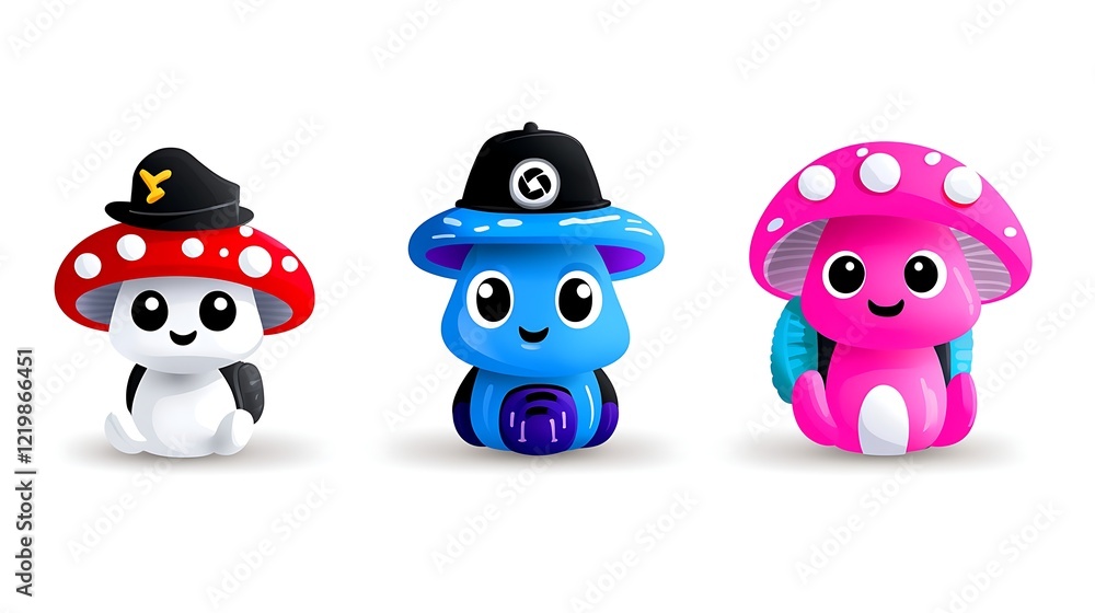 Obraz premium Adorable Pixel Art Mushroom Characters With Hats And Backpacks