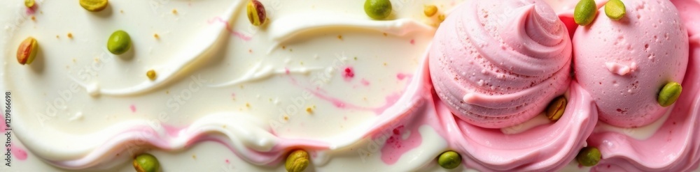Creamy white ice cream with pink strawberry swirls and green pistachio chunks, ice cream, colorful, treats Creamy white ice cream with pink strawberry swirls and green pistachio chunks, ice cream, colorful, treats