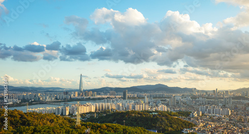 view of Seoul City at sunset South Korea