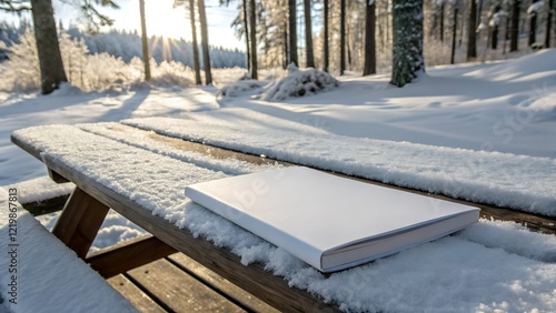 Wallpaper Mural A blank book lying on a wooden picnic table covered in fresh snow, with a winter forest and sunlight filtering through the trees in the background. Torontodigital.ca