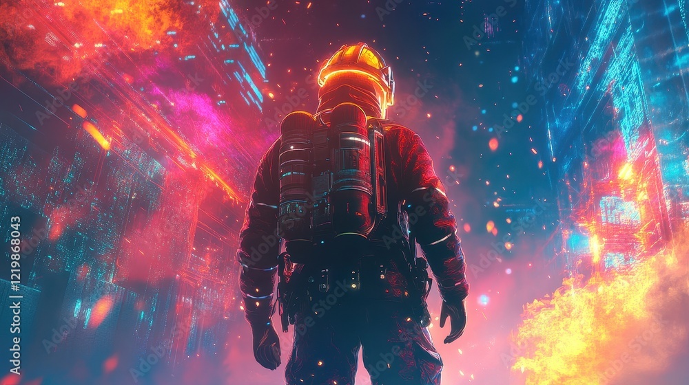 Fototapeta premium Fireman in digital flames, back view, cyberpunk, glowing colors, mixed media, virtual reality environment