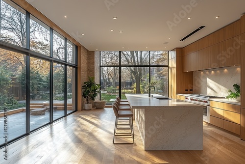 Modern minimalist kitchen interior with large windows and bar counter photo