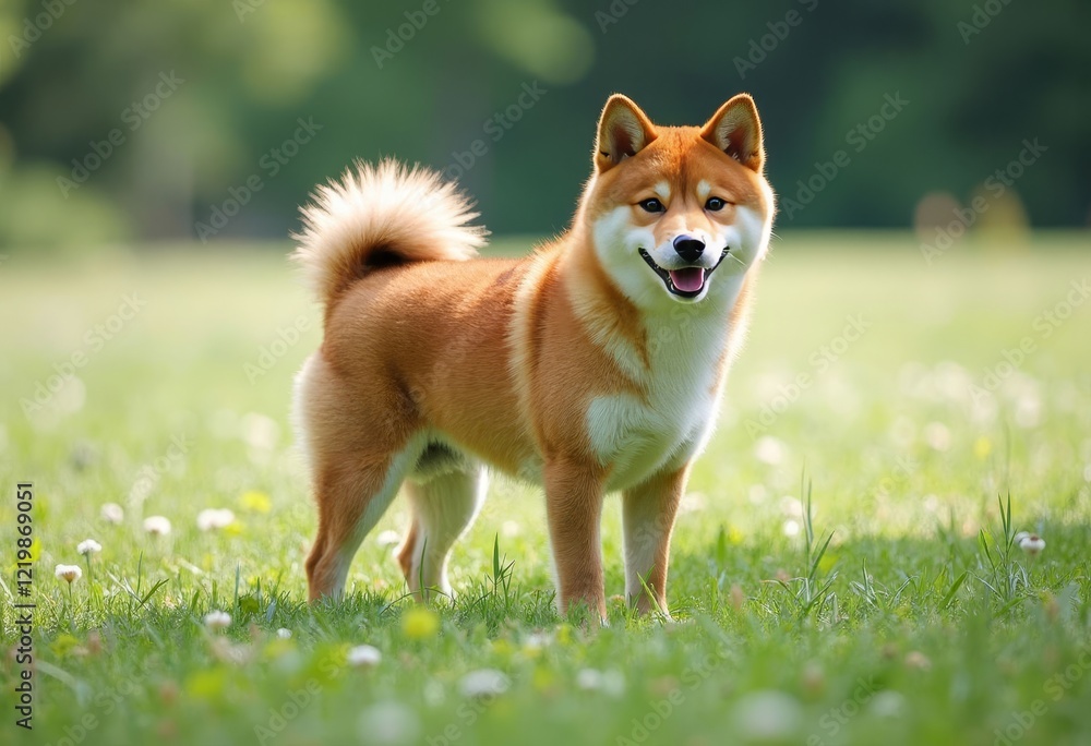 Shiba Inu dog standing in green grass with white flowers Shiba Inu dog standing in green grass with white flowers