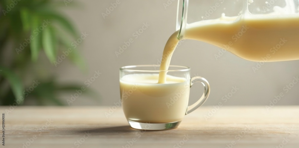 Creamy white liquid pouring from a glass jug into a cup, beverage, liquid, cup Creamy white liquid pouring from a glass jug into a cup, beverage, liquid, cup
