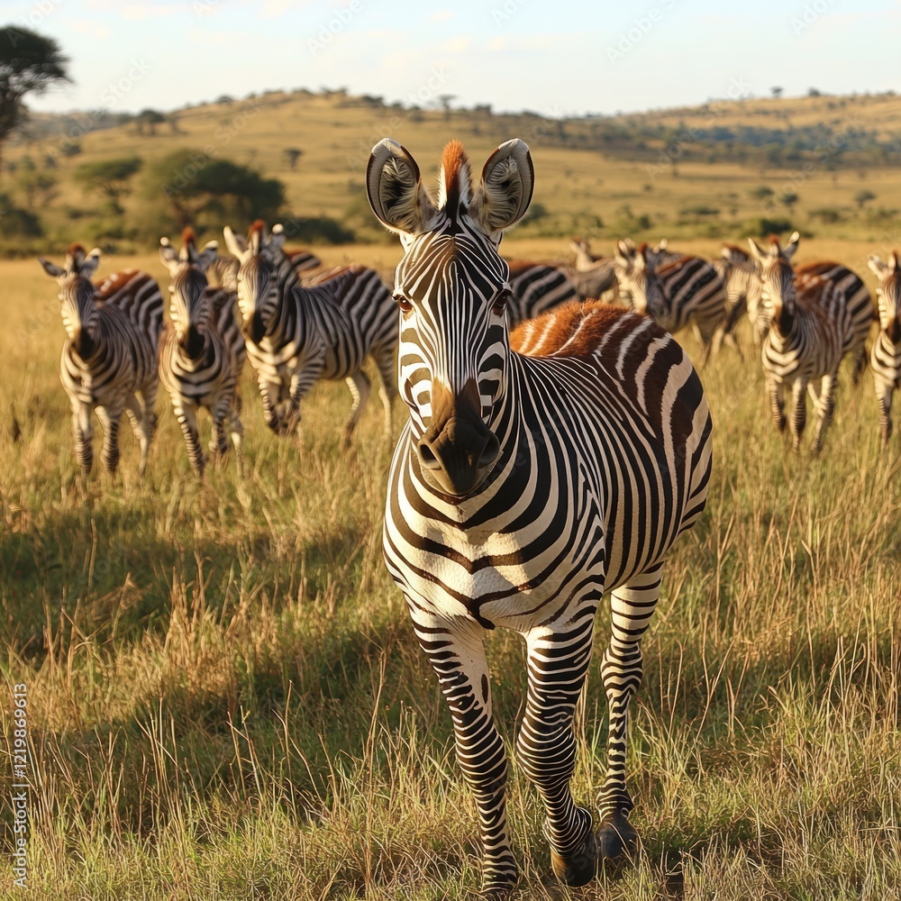 Fototapeta premium Zebra herd in grassy savanna, sunset.