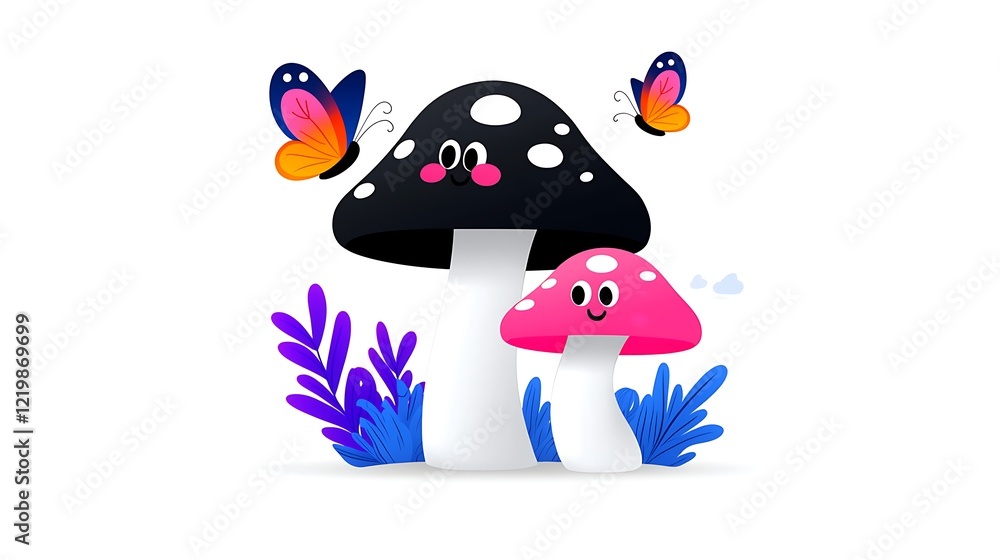 Obraz premium Playful Cartoon Mushrooms with Colorful Butterflies