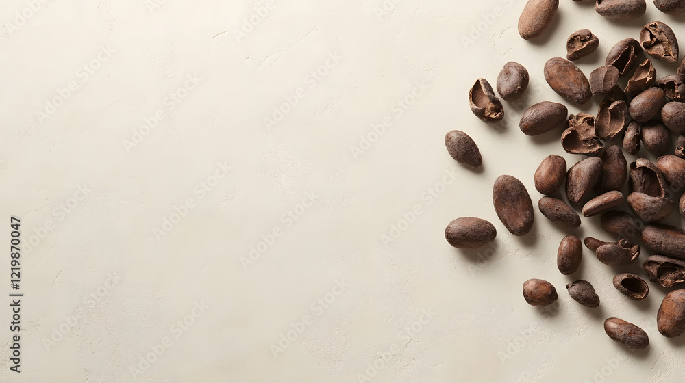 Obraz premium Rustic Cocoa Beans Spread Across a Light Beige Surface With Copy Space