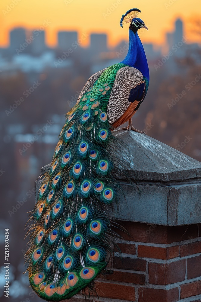 Obraz premium Peacock perched, sunset cityscape backdrop.