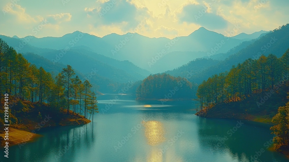Fototapeta premium Serene lake amidst misty mountains at sunrise.