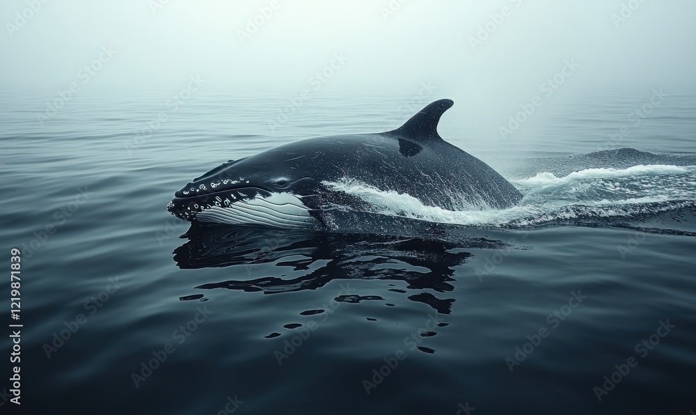 Obraz premium Whale swims, misty ocean surface.