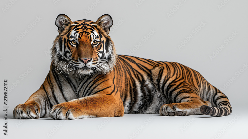 A majestic Bengal tiger reclines against a white background, showcasing its striking stripes and powerful, regal presence. A majestic Bengal tiger reclines against a white background, showcasing its striking stripes and powerful, regal presence.