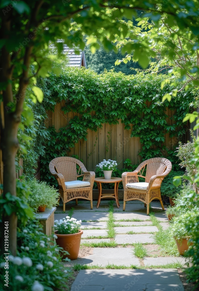Two wicker chairs and table in garden area