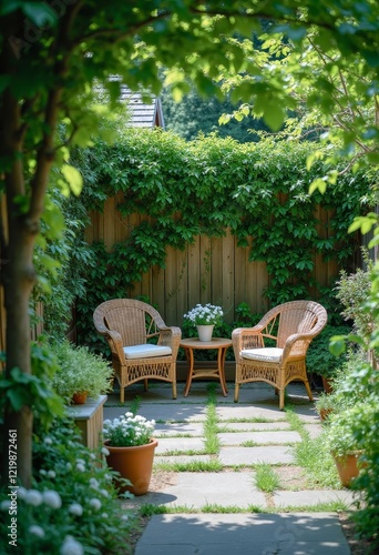 Obraz na płótnie Two wicker chairs and table in garden area w salonie