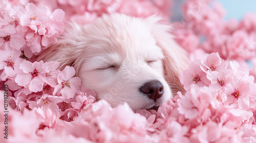 Adorable white puppy peacefully sleeping among soft pink cherry blossoms, creating a serene and dreamy atmosphere