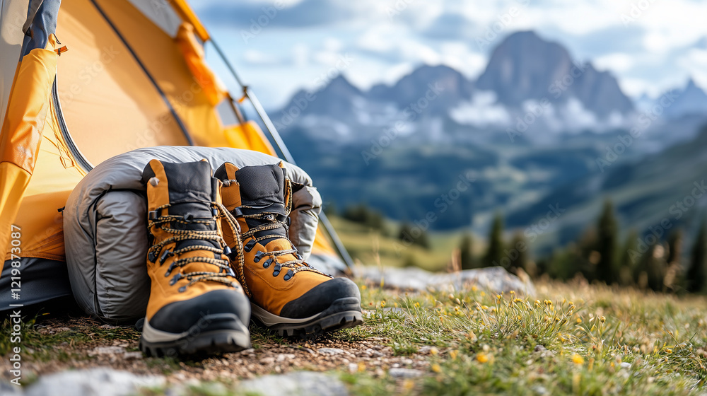 Outdoor camping gear, including boots and a rolled-up sleeping bag, with a scenic mountain view in the background.