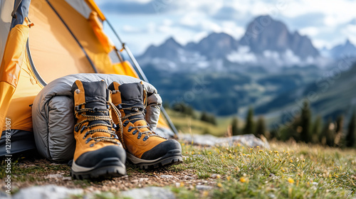 Obraz na płótnie Outdoor camping gear, including boots and a rolled-up sleeping bag, with a scenic mountain view in the background. w salonie