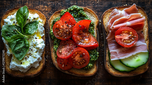 Obraz na płótnie Three gourmet toasts topped with ricotta, tomatoes, pesto, and prosciutto on rustic wooden background. w salonie