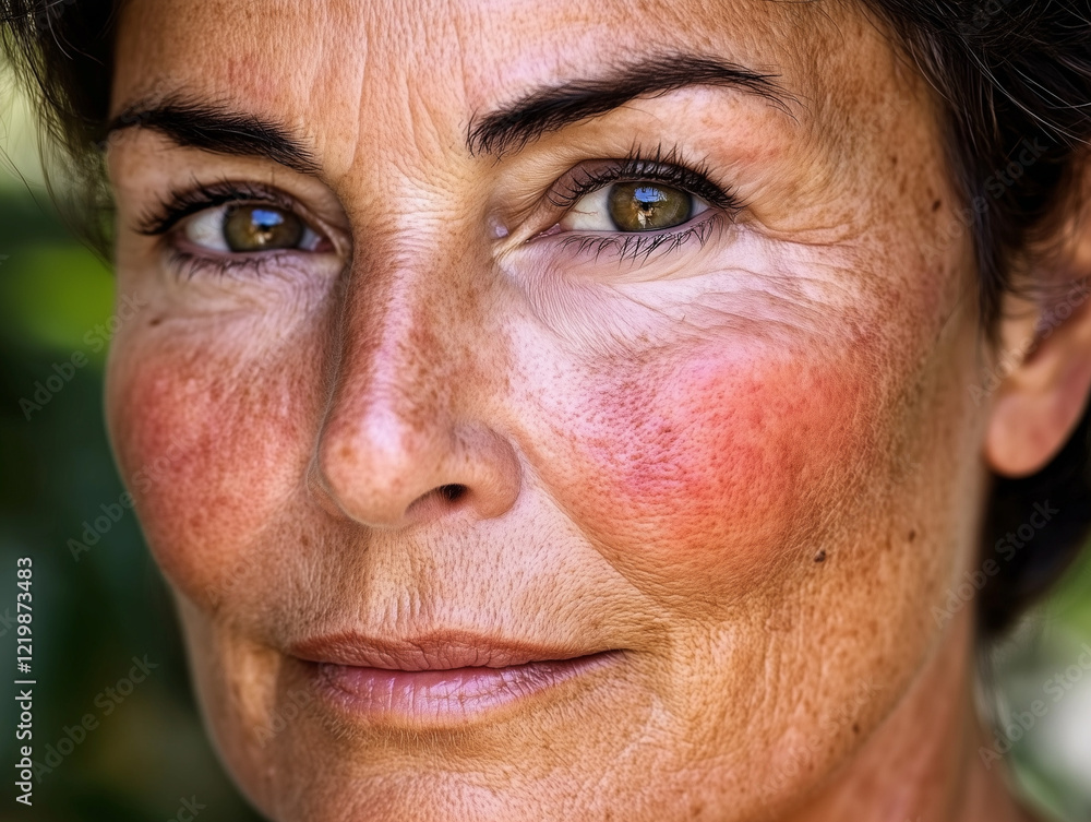 Close-Up Portrait of Woman with Redness and Blemishes on Cheeks Close-Up Portrait of Woman with Redness and Blemishes on Cheeks