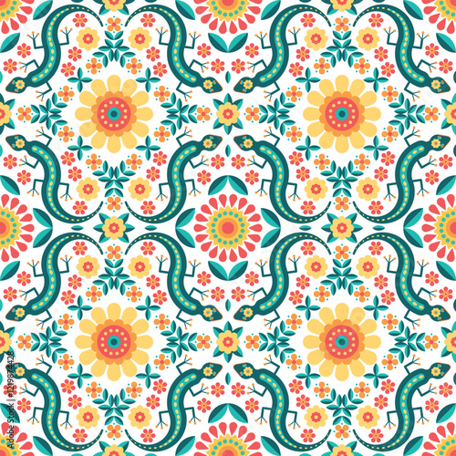 Spring nature background with lizards and flowers. Bright floral geometric seamless pattern with wriggling lizard. Texture for wallpaper, tile, textile, fabric, packaging, home decor
