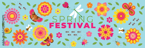 Bright creative background with abstract decorative flowers, butterflies and insects. Beautiful floral background with nature elements for spring festival