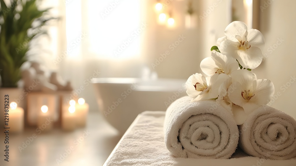 Obraz premium A luxurious spa room with neutral decor, soft lighting, and space for showcasing wellness products