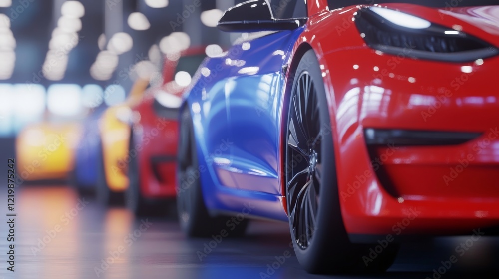 Modern electric vehicles lined up at dealership lot showcasing sustainable transportation solutions and the future of eco-friendly mobility. Modern electric vehicles lined up at dealership lot showcasing sustainable transportation solutions and the future of eco-friendly mobility.