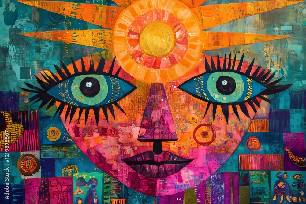 Vibrant abstract face with sun motif Vibrant abstract face with sun motif