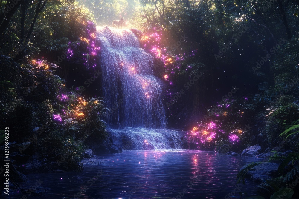 Magical waterfall in enchanted forest with glowing flora Magical waterfall in enchanted forest with glowing flora