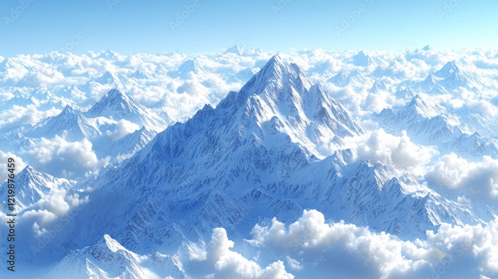 Fototapeta premium Snowy mountain peaks above fluffy clouds on a blue sky.