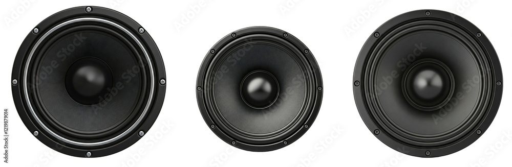 set of black loudspeaker stereo volume sub-woofer with circular cone and sleek design isolated on white background, png file. Sound stereo mono system graphic resource set of black loudspeaker stereo volume sub-woofer with circular cone and sleek design isolated on white background, png file. Sound stereo mono system graphic resource