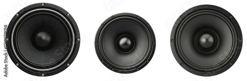 set of black loudspeaker stereo volume sub-woofer with circular cone and sleek design isolated on white background, png file. Sound stereo mono system graphic resource