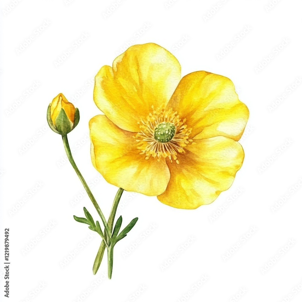 Naklejka premium Watercolor Buttercup flower on white background,floral concept, perfect for Valentine's Day,Mother's Day,Easter,Wedding Day,Anniversaries