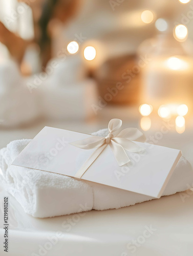 a relaxing spa photo with empty mockup of a white gift voucher with a bow high end luxurious