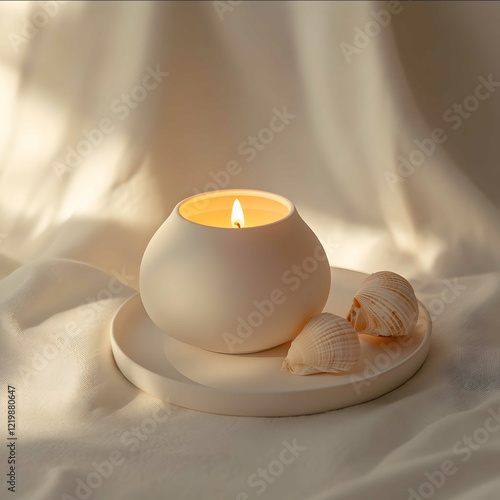 A hyperrealistic photograph of a white round jar with a lit candle inside placed on a smooth white ceramic tray with a few delicate seashells arranged beside it The ba photo