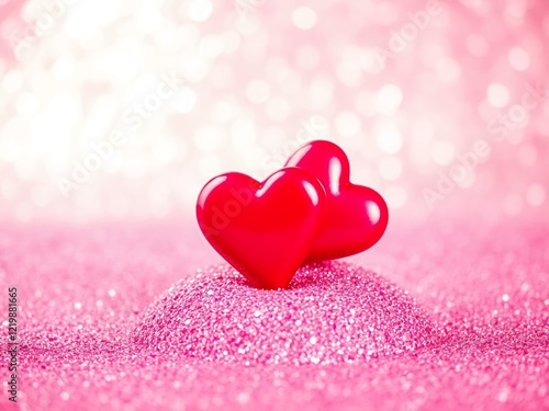 an image of two red hearts on a pink glitter background. photo