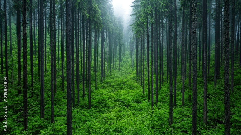 Naklejka premium Lush Green Forest with Misty Atmosphere and Towering Pine Trees