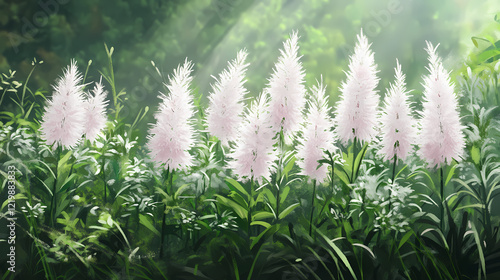 Delicate, feathery plumes of tenpetal blazing star (mentzelia decapetala) bloom in shades of soft pink and white, against a backdrop of lush green foliage. Blazing Meadow. Illustration photo